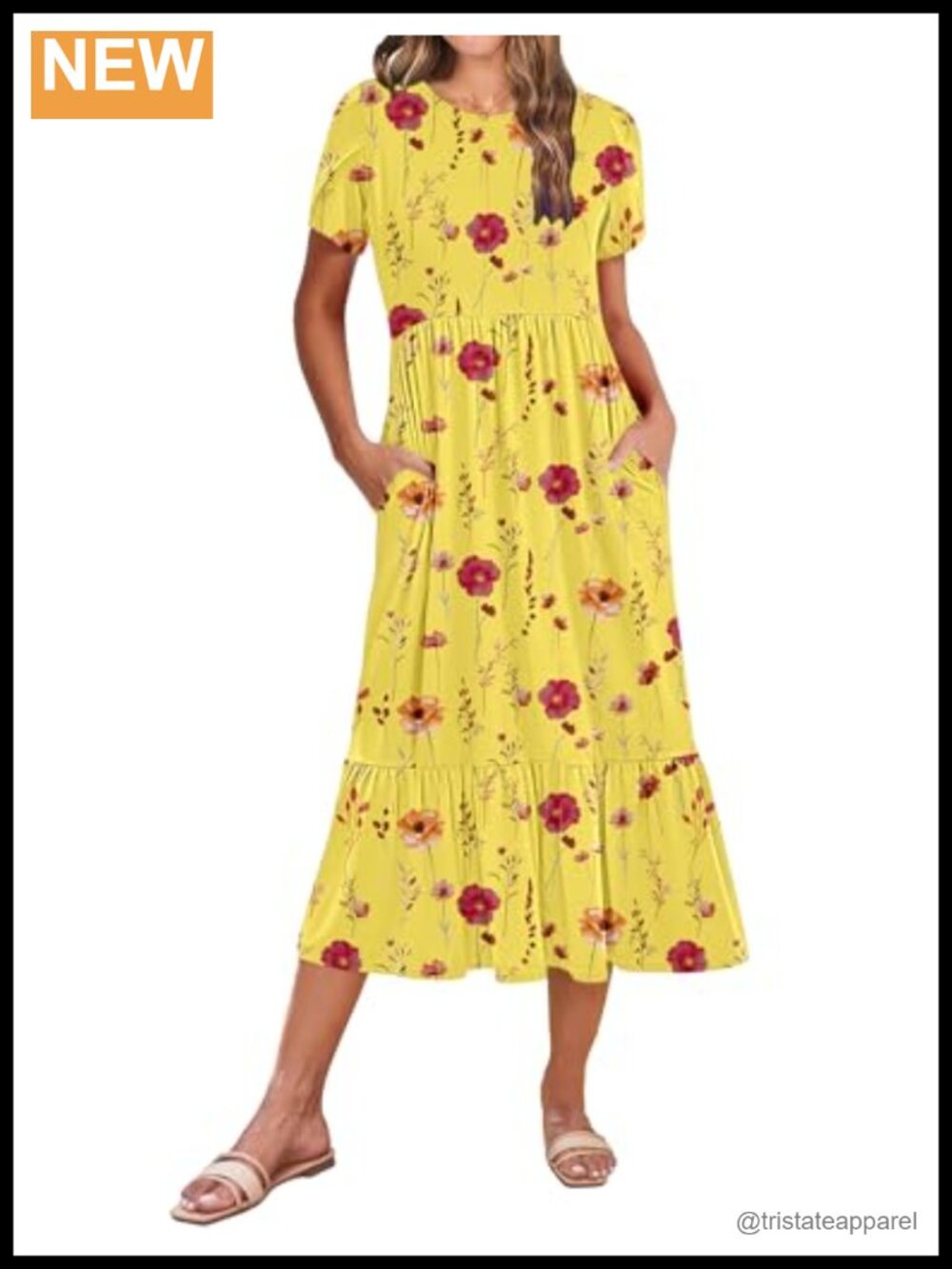 Women's Midi A-Line Dress Short Sleeve Tiered Flowy Sundress with Pockets